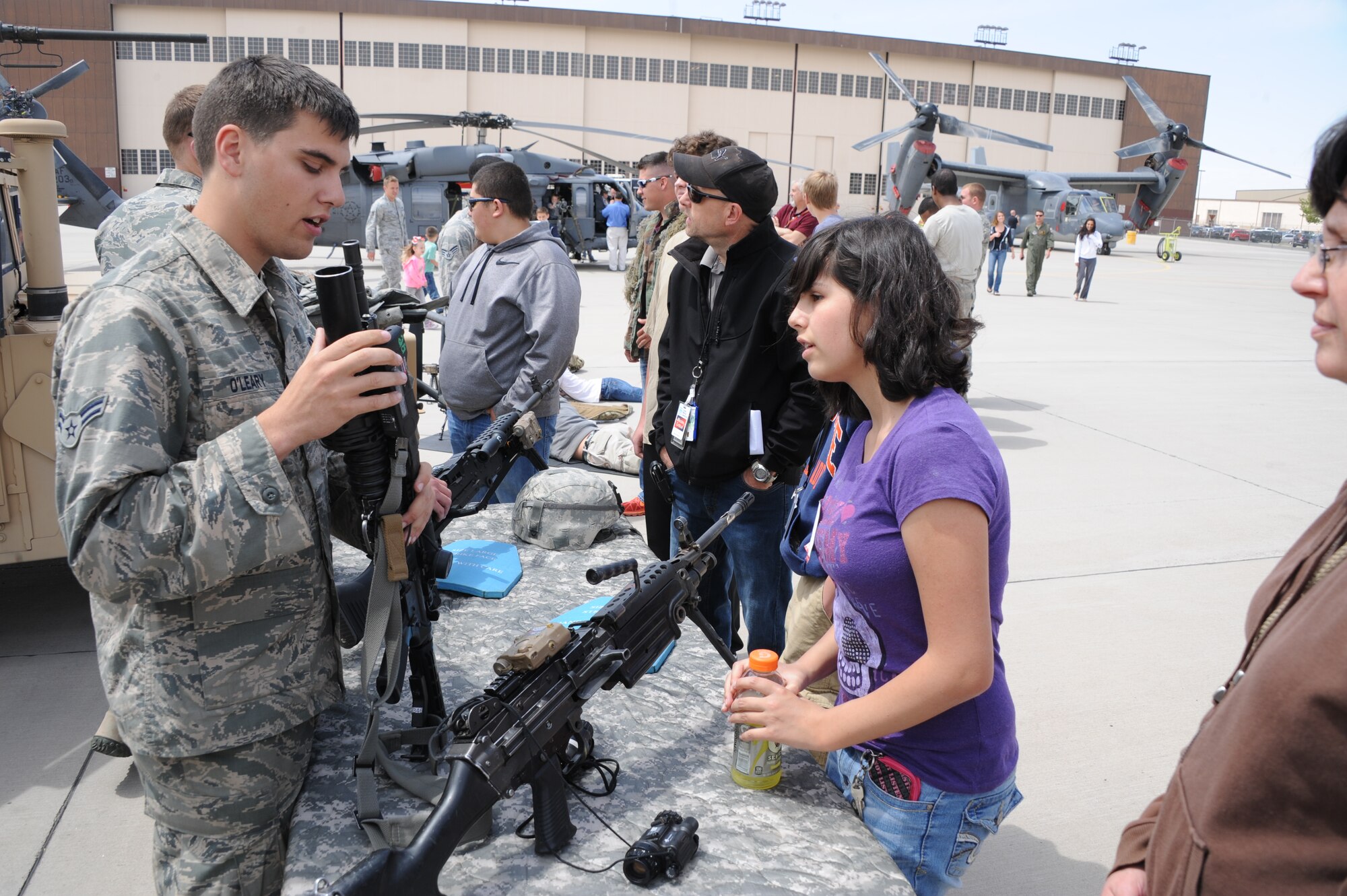 As part of “Take Our Daughters and Sons to Work Day,” workers were invited to bring their children to the base to learn more about Kirtland missions. Units from across the base, including the 58th Special Operations Wing and the 377th Air Base Wing, hosted static aircraft displays and information booths. Participants learned about CV-22s, C-130s, HH-60Gs and other aircraft, as well as weapons, equipment and technology used at Kirtland. (Photo by Todd Berenger)
