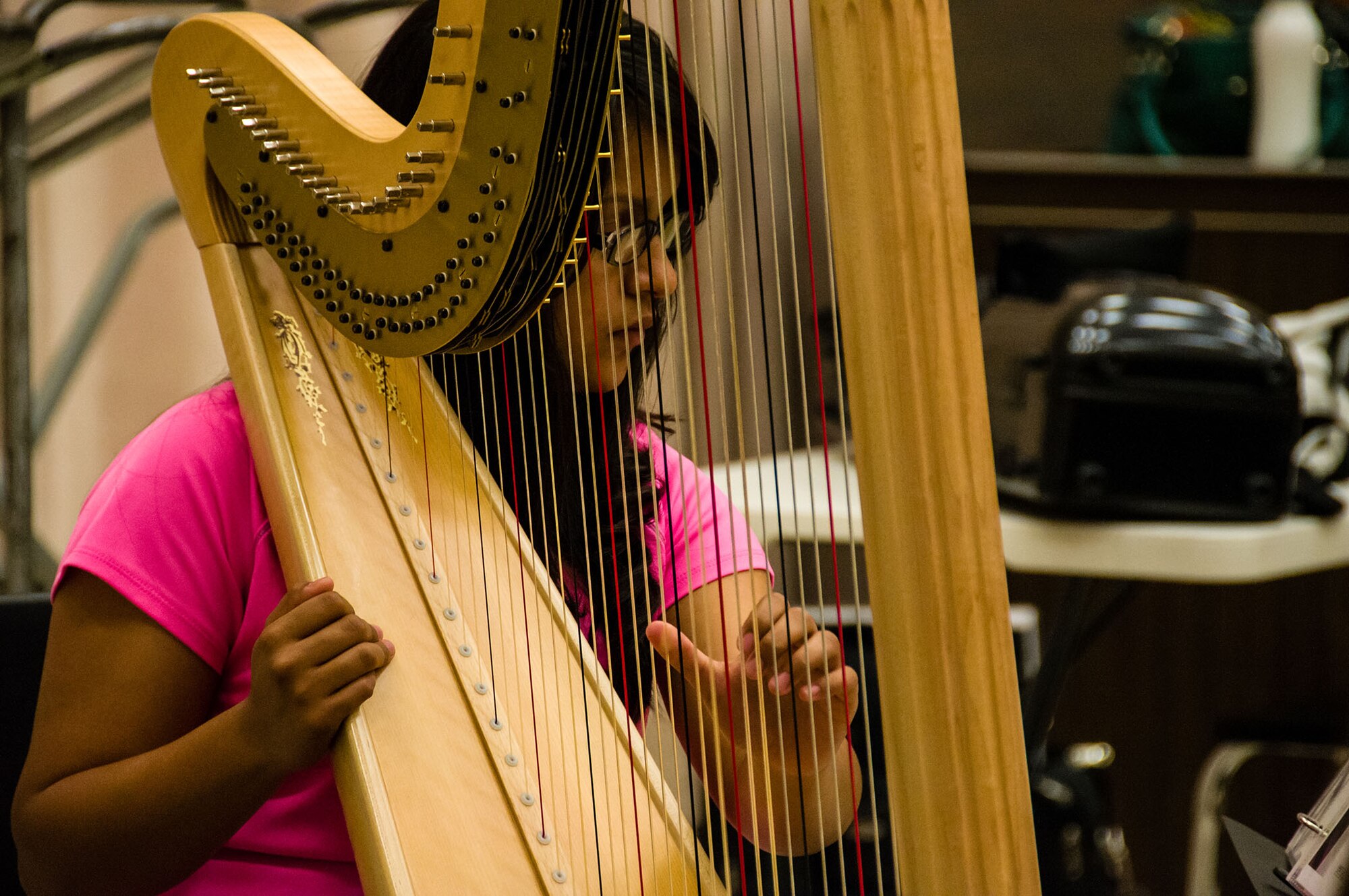 Ariel Inigo, a member of the Macon Symphony Youth Orchestra plays the harp during a rehearsal for the Kaleidoscope Concert. MSYO partnered with the Band of the U.S. Air Force Reserve to perform a free concert to the public May 4, 2013, at 2 p.m. and 7 p.m. This is the second time the groups have performed together and will be the last public performance for the Reserve Band before their unit inactivates Sept. 30, 2013. (U.S. Air Force photo/Staff Sgt. Alexy Saltekoff)