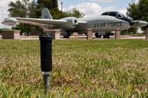 A sprinkler head prepares to activate on Laughlin Air Force Base, Texas, April 29, 2013. To conserve water, the 47th Civil Engineer Squadron began to only irrigate the priority roads on base. The base's water coverage was decreased from 300 to 60 acres, saving the base thousands of dollars each year. (U.S. Air Force photo/Airman 1st Class Jimmie D. Pike)