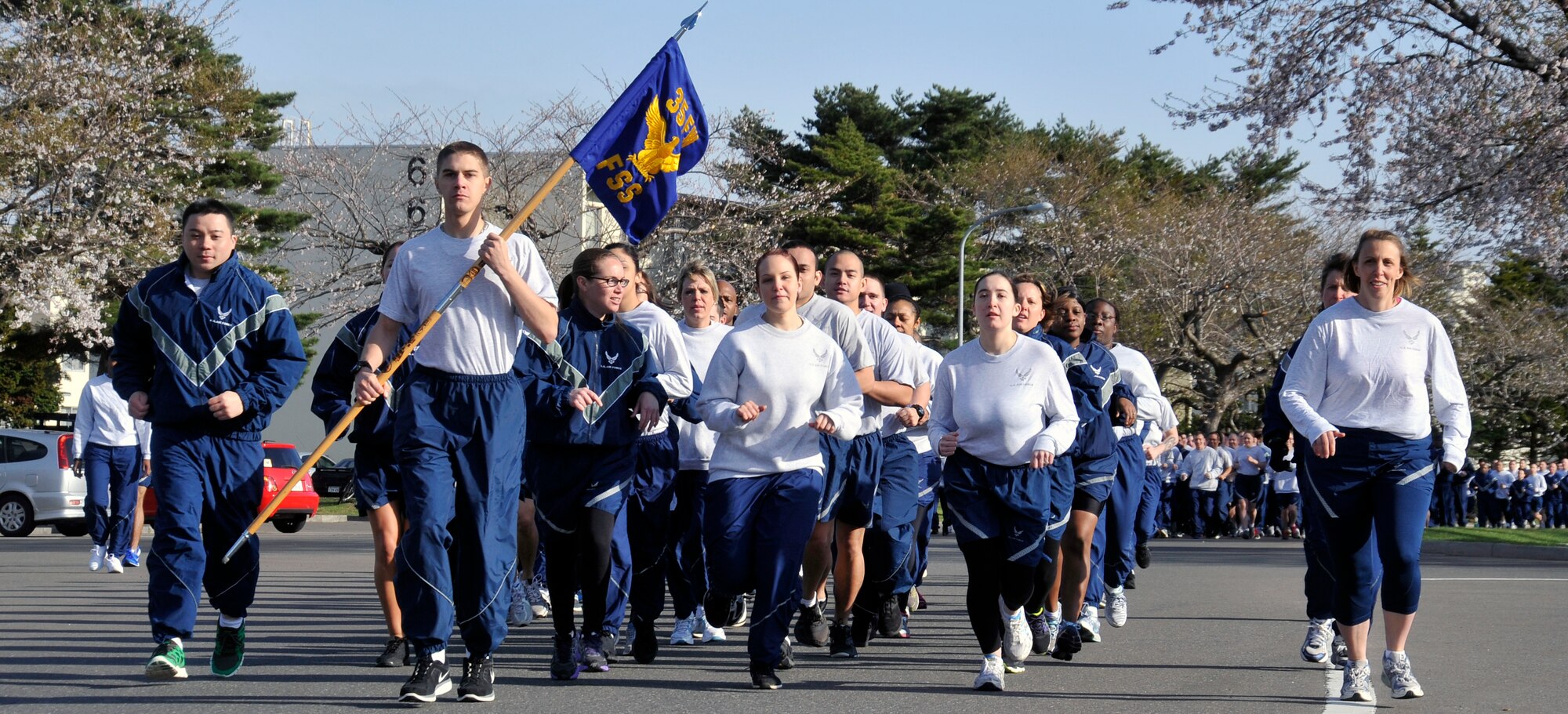 Airmen from the 35th Force Support Squadron start their warrior run at Misawa Air Base, Japan, May 3, 2013. To promote fitness and raise espirit de corps, warrior runs are held every first Friday of the month. This was the first warrior run of the year for the base. (U.S. Air Force photo by Airman 1st Class Zachary Kee)