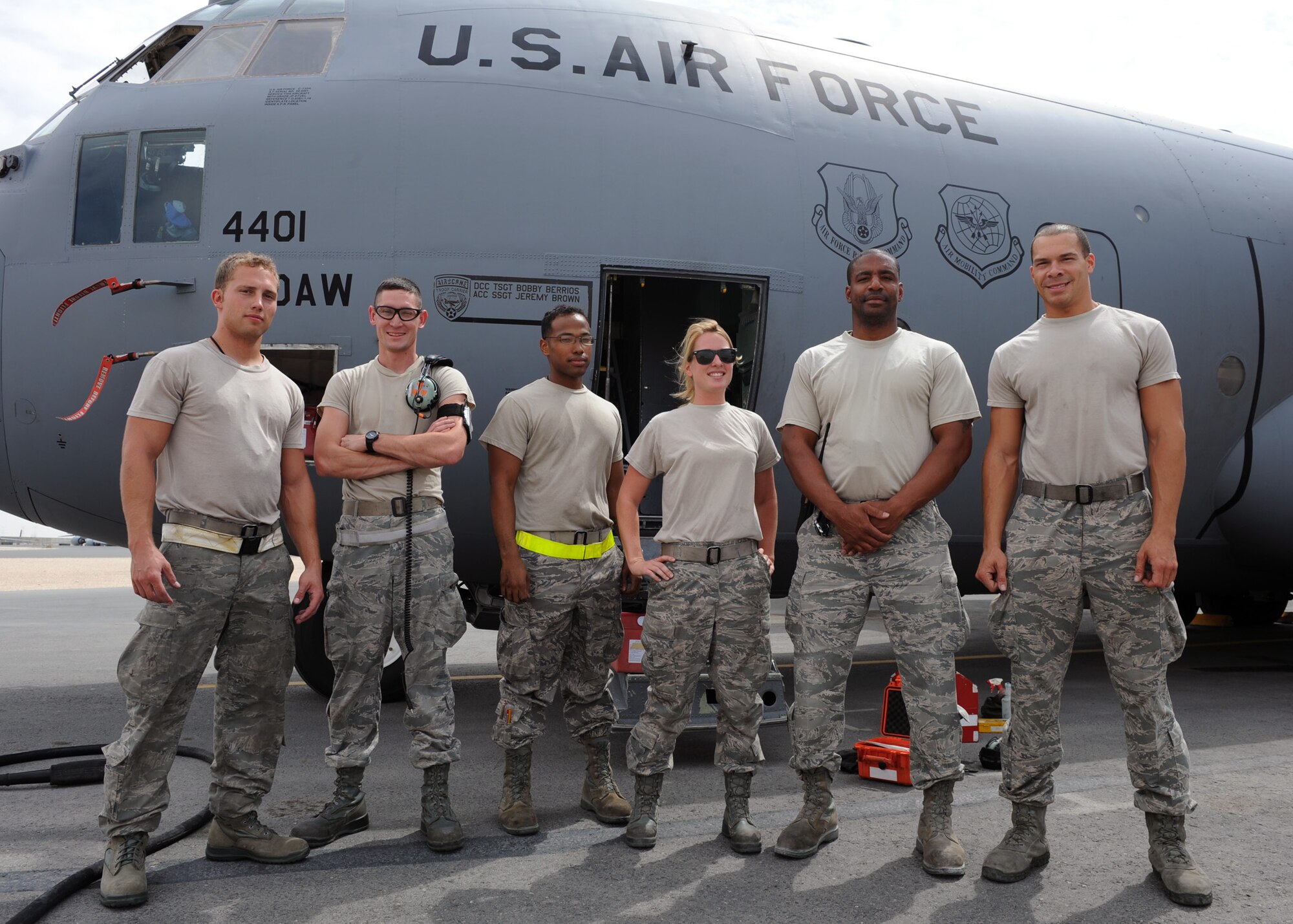SOUTHWEST ASIA – Airmen from the 746th Expeditionary Aircraft Maintenance Unit work round-the-clock to maintain a fleet of combat-ready C-130 Hercules at the 379th Air Expeditionary Wing. The 379th Expeditonary Maintenance Group is composed of a unique mixture of active duty, Air National Guard and reserve Airmen to accompish the mission. (US. Air Force photo/Staff Sgt. Joel Mease)