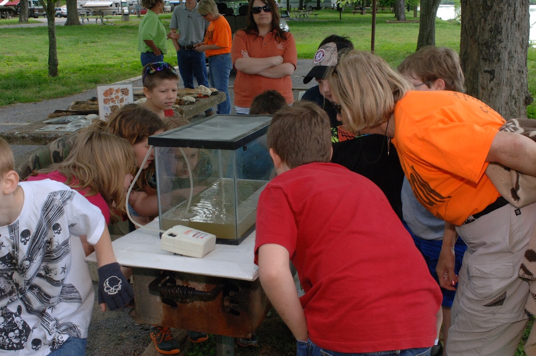 Conservation volunteers from Cheatham, Davidson and Robinson Counties show students from West Cheatham County Elementary School a tank with tadpoles and other water creatures during Environmental Awareness Day May 2, 2013 at Cheatham Lake in Ashland City, Tenn. Park rangers with the U.S. Army Corps of Engineers Nashville District organized and sponsored the event.