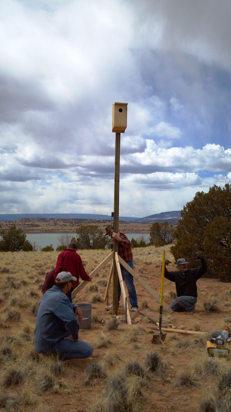 ABIQUIU LAKE, N.M., -- Volunteers at an Earth Day event April 20, 2013, help install a kestrel nesting box near the shoreline. Volunteers and staff will continue to monitor kestrel sightings and nesting activities throughout the year in the hopes of advancing kestrel habitat around the reservoir.                          