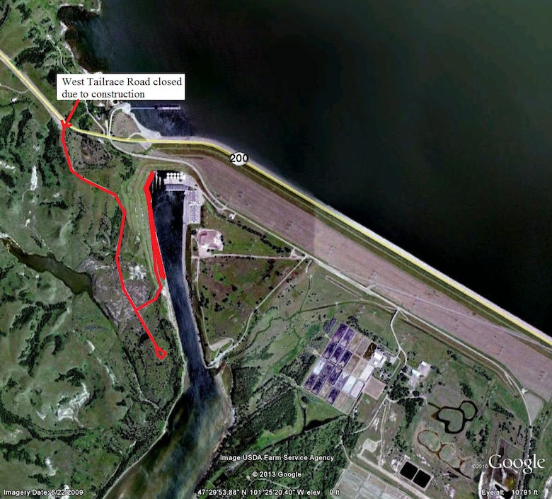Garrison Dam West Tailrace Road, which provides access to the Garrison Power Plant wing walls and west side of the tailrace area, will be closed May 20th through the fall of 2013. The closure is necessary to conduct a road reconstruction project consisting of milling, replacement of asphalt pavement, culverts, storm drains and guardrail. During this time, access to the East Tailrace and Missouri River Boat Ramp will remain open.  Following completion of construction, the West Tailrace Road will be reopened. This work is required to repair damages incurred during the 2011 Flood event and will provide improved, safer access for the recreating public once the work is completed.
