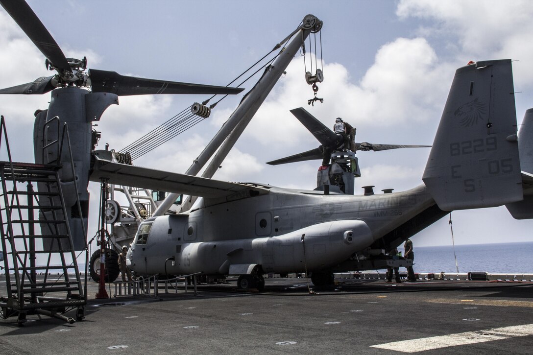 U.S. Marines with Medium Tiltrotor Squadron 266 (Reinforced), 26th Marine Expeditionary Unit (MEU) conduct maintenance on a MV-22 Osprey on the flight deck of the USS Kearsarge (LHD 3), at sea, May 4, 2013. The 26th MEU is deployed to the 5th Fleet area of operations aboard the Kearsarge Amphibious Ready Group. The 26th MEU operates continuously across the globe, providing the president and unified combatant commanders with a forward-deployed, sea-based quick reaction force. The MEU is a Marine Air-Ground Task Force capable of conducting amphibious operations, crisis response and limited contingency operations. (U.S. Marine Corps photograph by Gunnery Sgt. Michael Kropiewnicki/26th MEU Combat Camera/Released)