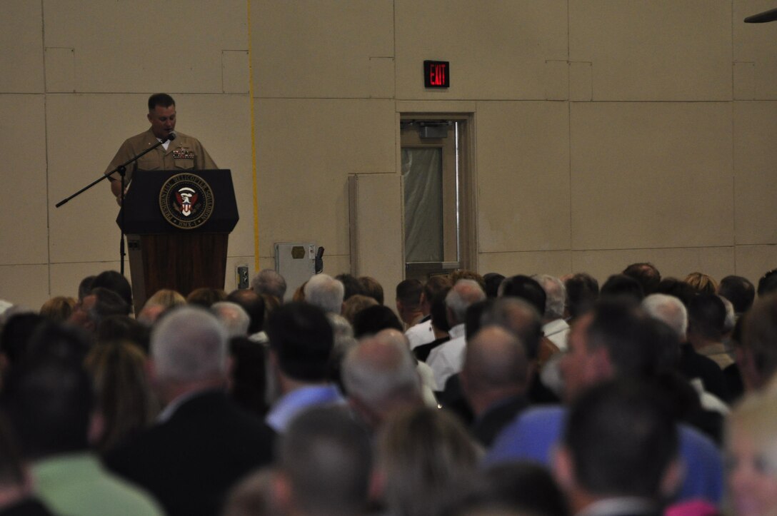 Col. John Faircloth gives the open remarks during the MV-22B Introduction Ceremony at the HMX-1 hangar on May 4, 2013. Currently HMX-1 has one MV-22B ‘Osprey,’ but is schedule to have 12 by next summer. 