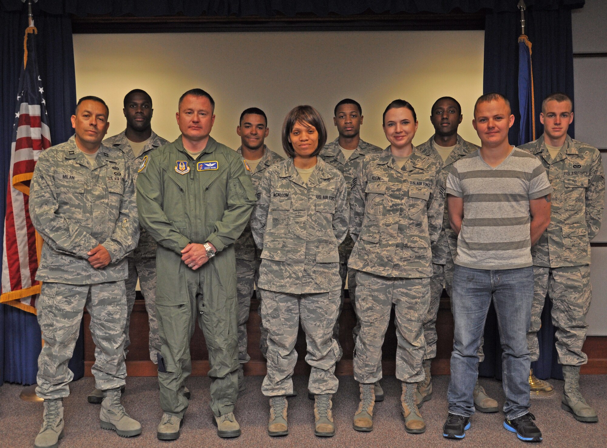 The 931st Air Refueling Group welcomed the following newcomers during the May unit training assembly, May 4. From left to right: Capt. Jose Milan, Maj. Chad Rose, Staff Sgt. Aisha McCallum, Staff Sgt. Abigail Klein, Senior Airman Nathaniel J. Knapp. Second row left to right: Senior Airman Nicholas Allbritton, Airman Basic Darien Anderson, Airman 1st Class Anthony Davis, Aiman Troy Willer, Senior Airman Rodney Creekmore. (Air Force photo by Master Sgt. Brannen Parrish)