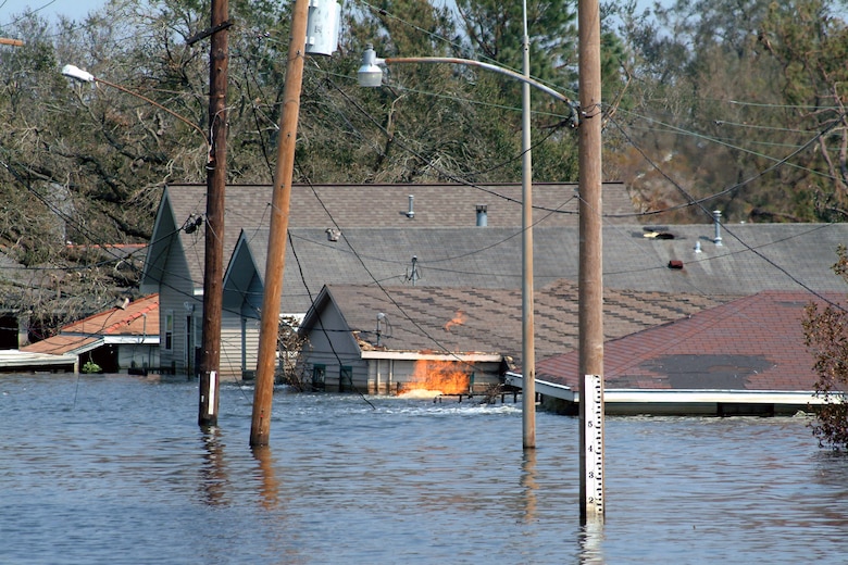 Invisible dangers - Not all of the hazards in flooded areas are easy to see.  Here, natural gas from a broken gas line percolates to the surface where it is ignited by an unknown source.  As the floodwaters are pumped out and neighborhoods become dry again, search and rescue teams will have to contend broken gas lines and other hazards.