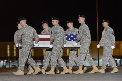 A U.S. Army carry team transfers the remains of Spc. Trinidad Santiago Jr. of San Diego, Calif., during a dignified transfer May 4, 2013 at Dover Air Force Base, Del. Santiago was assigned to 4th Battalion, 42nd Field Artillery Regiment, 1st Combat Team, 4th Infantry Division, Ft. Carson, Colo. (U.S. Air Force photo/Greg L. Davis)