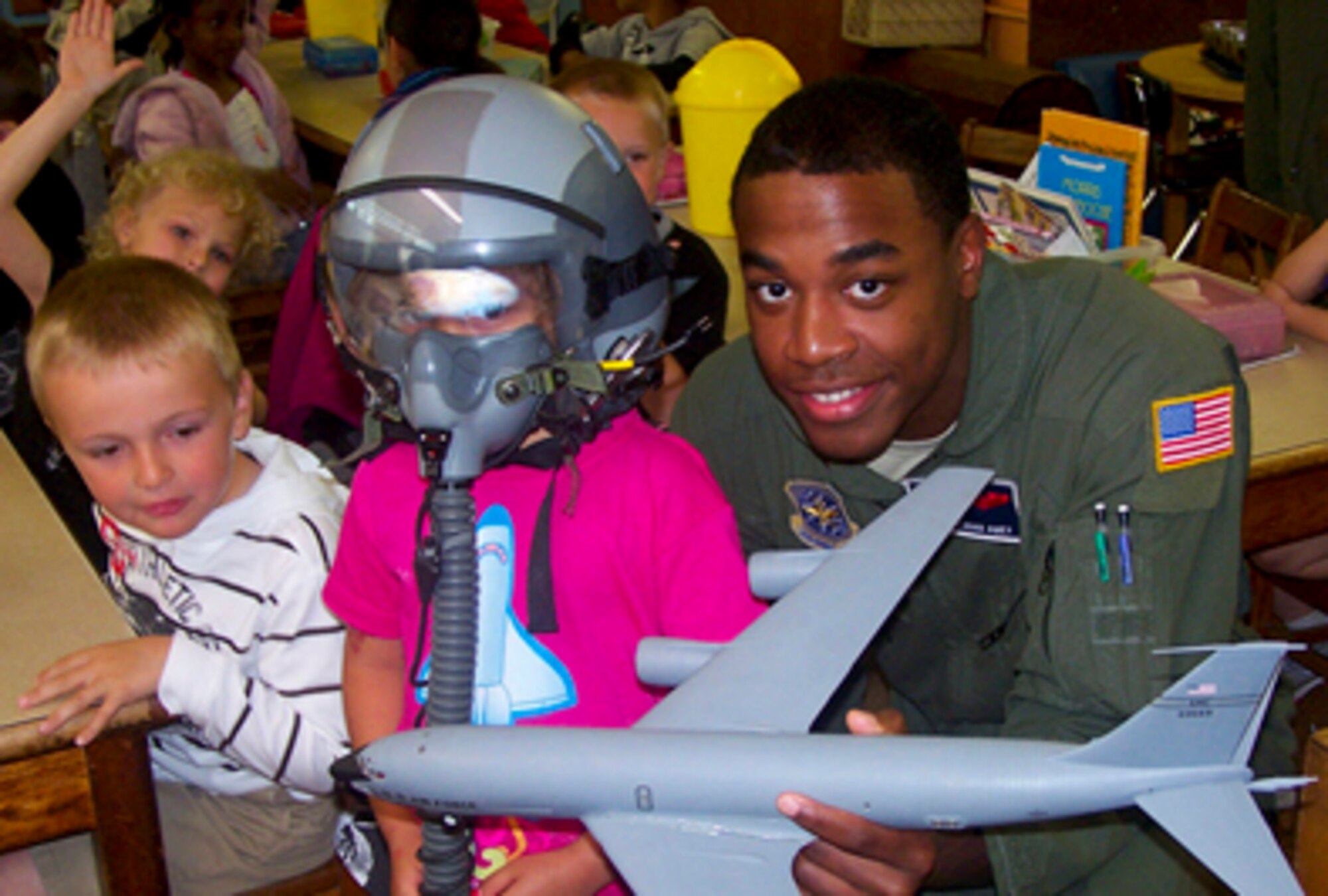 Boom operator Senior Airman Kijuan Amey and other members of the wing recently spoke with students during a career fair at Meadow Lane Elementary School in Goldsboro, N.C. (USAF courtesy photo)
