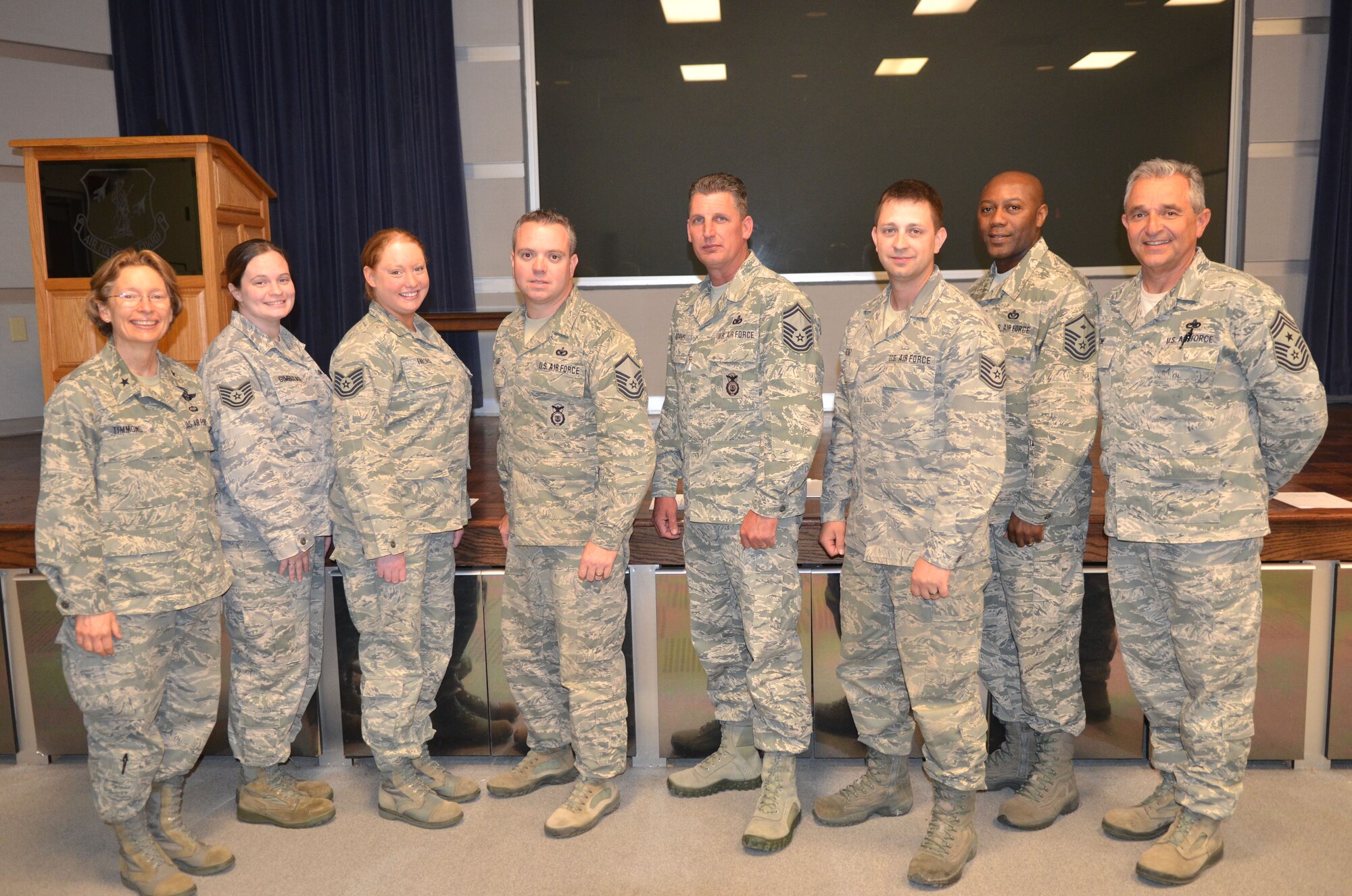 Six of the nine April 2013 graduates of the Community College of the Air Force from the Delaware Air National Guard pose for a photo with senior leaders at Delaware ANG Headquarters, New Castle ANG Base, Del., on May 5, 2013. Left to right (name, unit, current residence city and state and CCAF degree earned): Brig. Gen. Carol Timmons, assistant adjutant general for air, Delaware National Guard; Tech. Sgt. Jacquelyn M. Gimbutas, 166th Comptroller Flight, a resident of Newark, Del. (Financial Management); Tech. Sgt. Kristen L. Favors, Delaware ANG Recruiting Office, a resident of Smyrna, Del. (Human Resource Management); Master Sgt. Timothy M. Luko, 166th Security Forces Squadron, a resident of Wenonah, N.J. (Criminal Justice); Senior Master Sgt. ; Jeffrey L. Adams, 166th Security Forces Squadron, resident of Newark, Del. (Criminal Justice); Tech. Sgt. Michael A. Heinz, 166th Logistics Readiness Squadron, a resident of Dover, Del. (Transportation); Master Sgt. Thomas F. Dennis, 166th Logistics Readiness Squadron, resident of Millsboro, Del. (Mechanical & Electrical Technology); 166th Airlift Wing Command Chief Master Sgt. Henry Rome. A total of 382 associate of applied science degrees have been awarded to Delaware Air National Guard members since 1976, the first year the CCAF awarded degrees. Not in photo: Tech. Sgt. Brian D. Bennett, 166th Communications Flight, resident of Annapolis, Md. (Electronic Systems); Staff Sgt. Erin E. May, 166th Security Forces Squadron, a resident of North East, Md. (Criminal Justice); Staff Sgt. Travis J. Von Bodungen, 142nd Airlift Squadron, a resident of Lafayette, La. (Logistics). (U.S. Air National Guard photo by Tech. Sgt. Benjamin Matwey)