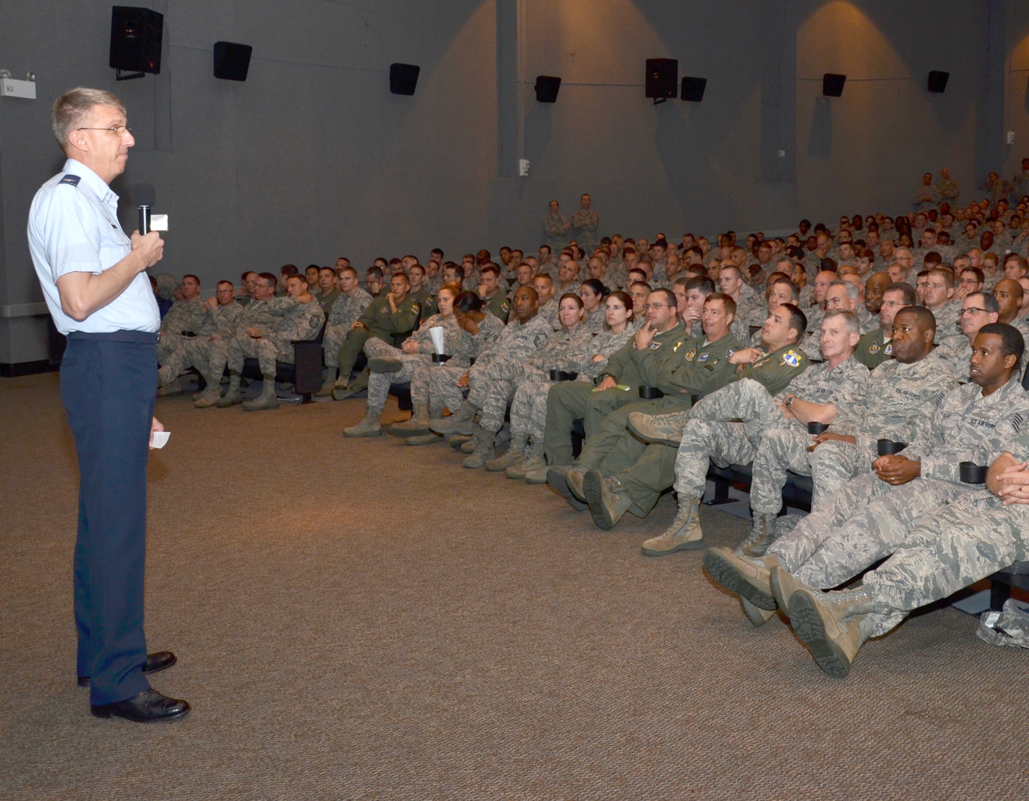 Following his commander's call May 4, Col. Jeffrey Macrander, 920th Rescue Wing commander, informed his wing of its successful inspection results from the previous month's operational readiness inspection. Afterward, the wing held its annual Wingman Day May 4 during the monthly unit training assembly. Topics discussed were suicide prevention, safety  and sexual assault awareness. (U.S. Air Force photo/Senior Airman Natasha Dowridge)