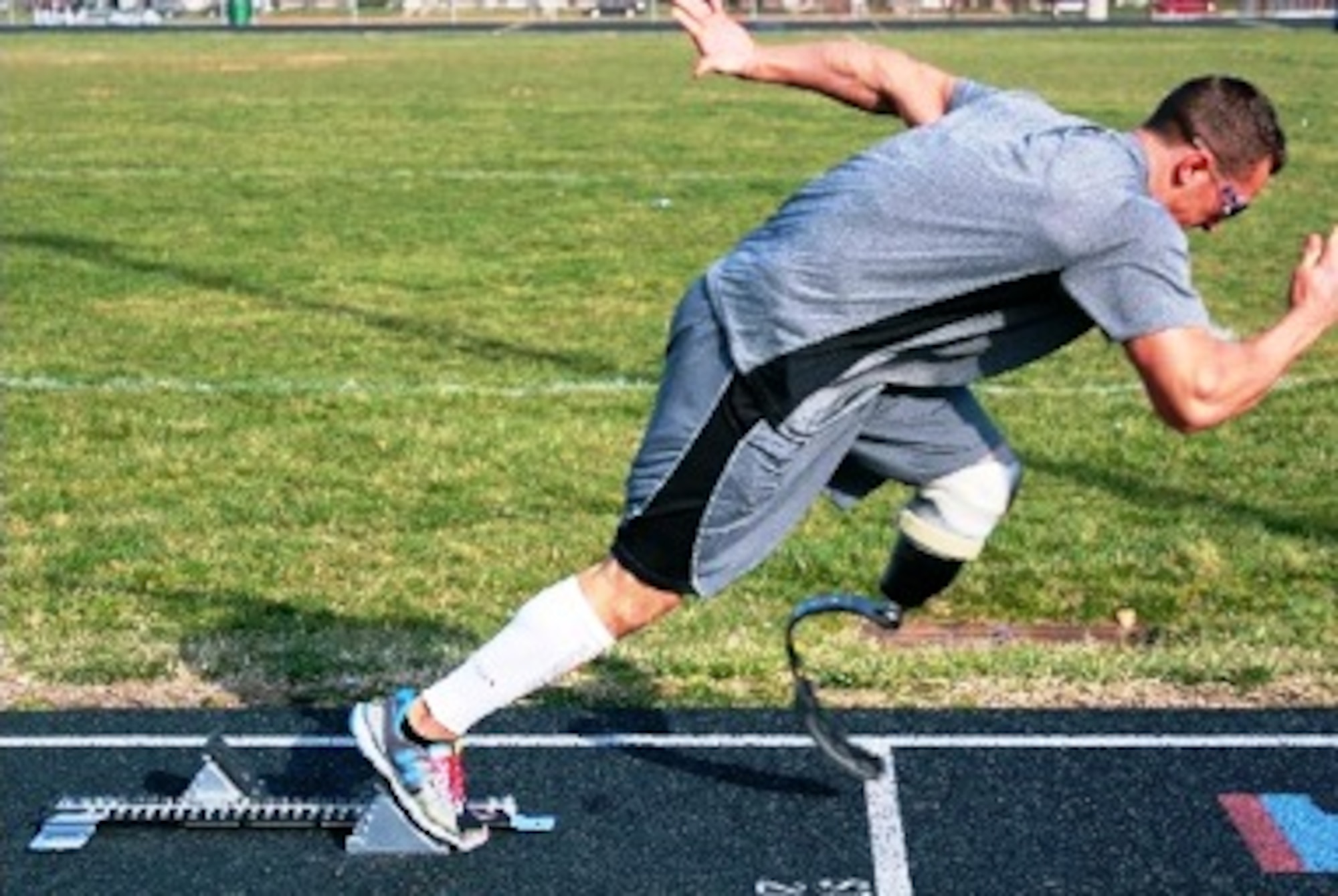 Senior Airman Gideon L. Connelly practices at a local Baltimore area track. Connelly, a repair and reclamation crew chief, 175th Maintenance Squadron, was involved in a motorcycle accident with serious damage to his left leg in July 2011. He is currently training for the Paralympics. (Courtesy photo/released)