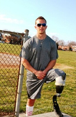 Senior Airman Gideon L. Connelly, repair and reclamation crew chief, 175th Maintenance Squadron, was involved in a motorcycle accident in Baltimore County where he sustained serious damage to his left leg in July 2011. The doctors told the Maryland Air National Guardsman if he kept his leg, it would leave him with limitations to what he could do. If the leg was replaced with prosthesis, his abilities would significantly increase. On Sept. 16, 2011 Connelly chose to have the leg removed below the knee and is now training for the Paralympics. (Courtesy photo/released)