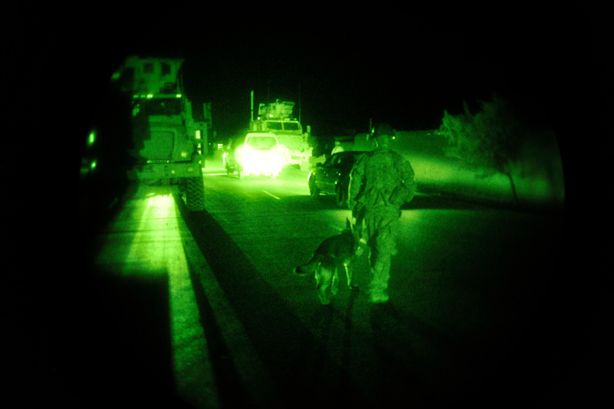 Staff Sgt. Steven Owen, 455th Expeditionary Security Forces Group Military Working Dog handler, and his dog Tex conduct a night operations search at Traffic Control Points outside of Bagram Airfield, Afghanistan, April 28, 2013. TCPs provide an unpredictable security posture in which random vehicles are selected to be swept for contraband and all occupants identified and checked.  (U.S. Air Force photo/Senior Airman Chris Willis)