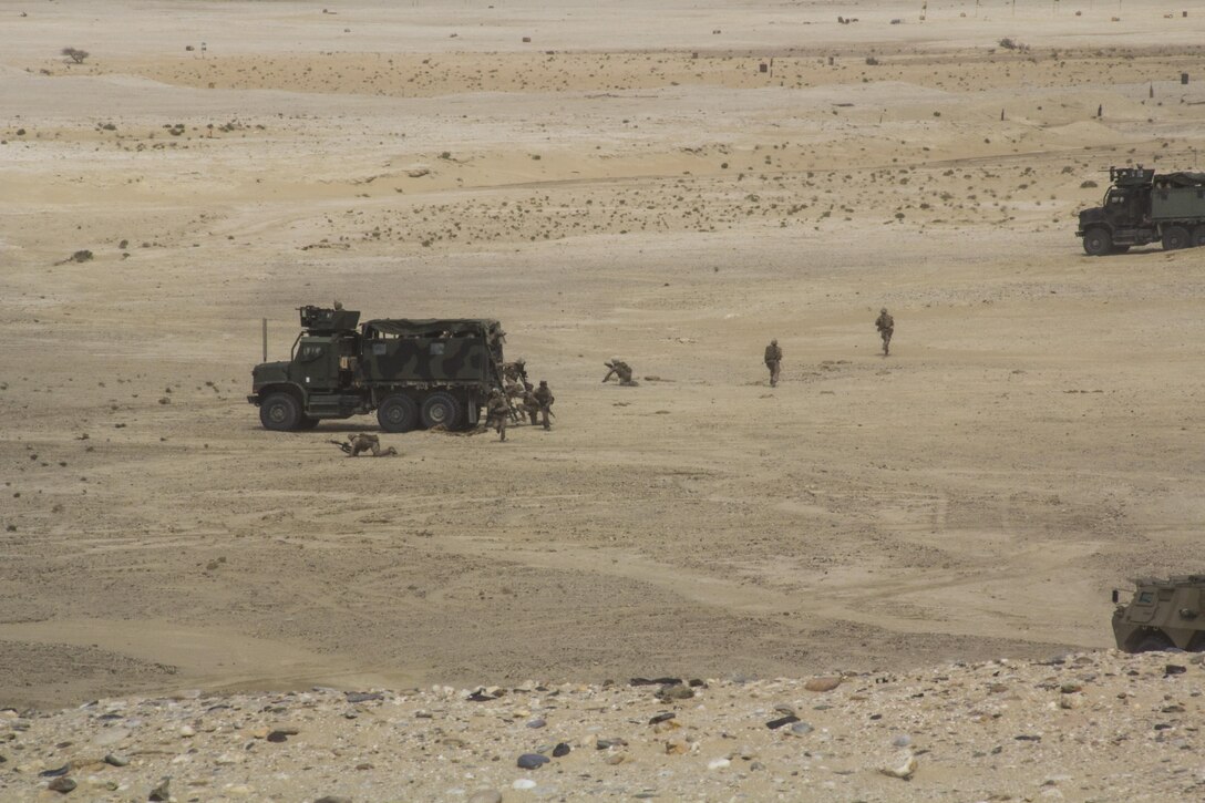 U.S. Marines and Sailors assigned to the 26th Marine Expeditionary Unit (MEU), conduct the final Eagle Resolve exercise with members of the Qatar Emiri Land Forces, in Al Galail, Qatar, May 2, 2013. Eagle Resolve is an annual multilateral exercise designed to enhance regional cooperative defense efforts in the Gulf Cooperation Council nations and U.S. Central Command. The 26th MEU is deployed to the 5th Fleet area of operations as part of the Kearsarge Amphibious Ready Group. The 26th MEU operates continuously across the globe, providing the president and unified combatant commanders with a forward-deployed, sea-based quick reaction force. (U.S. Marine Corps photograph by Gunnery Sgt. Michael Kropiewnicki, 26th MEU Combat Camera/Released)
