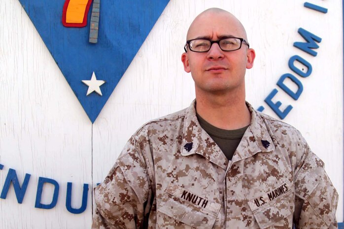Sergeant Jason Knuth, an intelligence analyst with Regimental Combat Team 7, compiles data gained from various sources within the RCT's area of operations to help the commander understand the battlefield. Knuth, a 28-year-old native of Toledo, Ohio, joined the Marine Corps because he wanted to travel and has now been to South Korea and Japan. Knuth, who said he enjoyed visiting the the war memorial in South Korea and castles in Japan, has served for 10 years and has also deployed twice to Iraq and twice to Afghanistan.