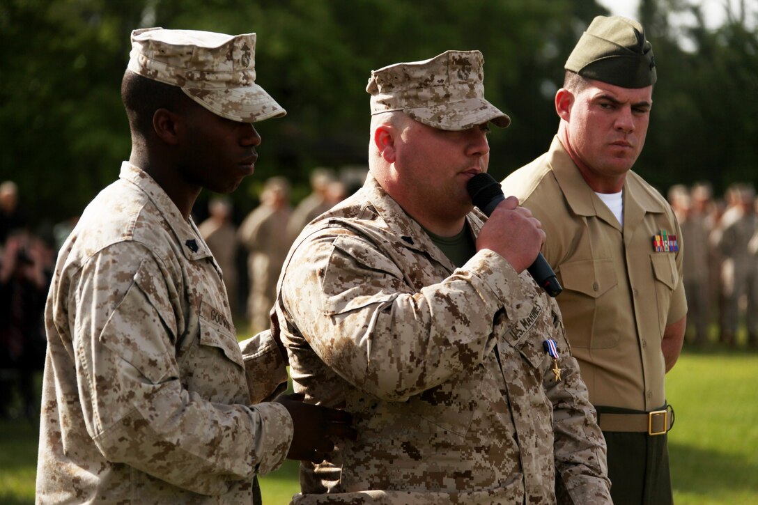 Cpl. Christian A. Brown addresses those in attendance for his Silver Star ceremony after receiving the award May 3, 2013, aboard Marine Corps Base Camp Lejeune. Brown deployed with 1st Battalion, 6th Marine Regiment in support of Operation Enduring Freedom in 2011 and received the Silver Star for his leadership and courage while in a firefight on December 7, 2011.