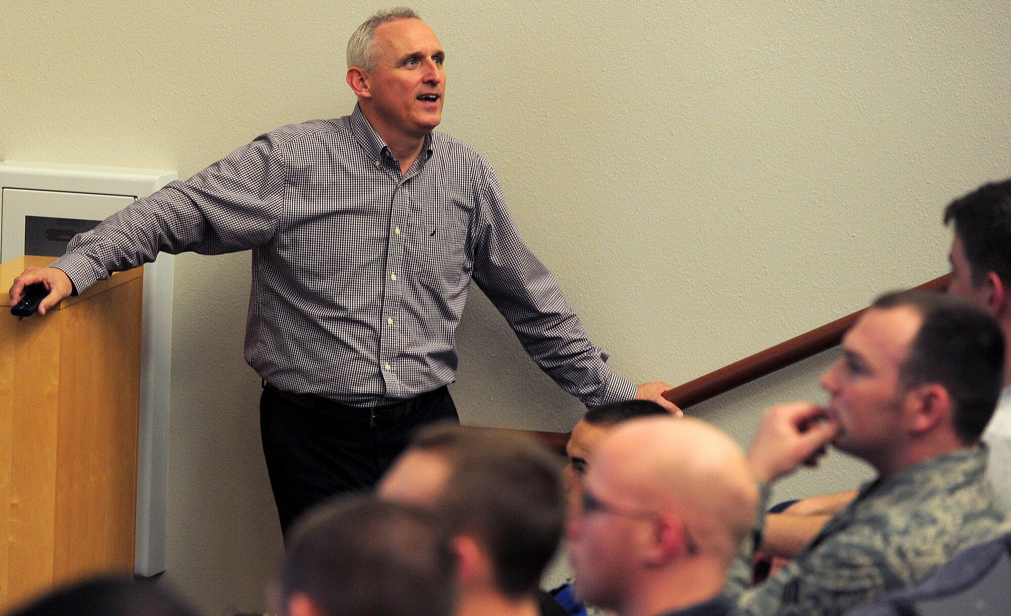 Jeff Huffman, Department of Justice Grant program coordinator, speaks to Airmen about the consequences of drinking and driving at Whiteman Air Force Base, Mo., April 26, 2013. The briefing was given as part of a day of events during “Stand Down to Stand Up Against Sexual Assault Day.” (U.S. Air Force photo by Staff Sgt. Nick Wilson/Released)