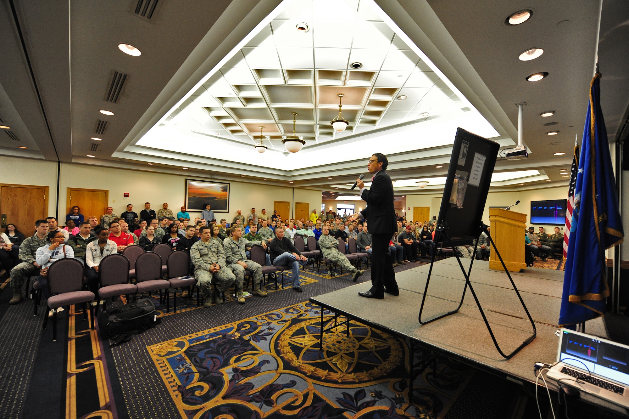 Jeffery Bucholtz, “We End Violence - Together We Can” speaker, speaks to Airmen about the lifelong consequences of rape as part of “Stand Down to Stand Up Against Sexual Assault Day” Whiteman Air Force Base, Mo., April 26, 2013. Bucholtz also spoke about the importance of consent and gave Airmen various techniques they could use to prevent rape and other forms of sexual violence. (U.S. Air Force photo by Staff Sgt. Nick Wilson/Released) 