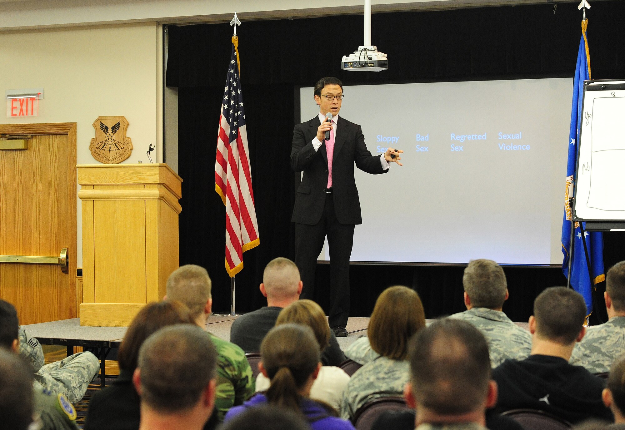 Jeffery Bucholtz, “We End Violence - Together We Can” speaker, gives a briefing to Airmen on the consequences of sexual assault and rape in Mission’s End at Whiteman Air Force Base, Mo., April 26, 2013. The briefing was conducted as part of “Stand Down to Stand Up Against Sexual Assault Day,” to boost awareness and prevent sexual assault. (U.S. Air Force photo by Staff Sgt. Nick Wilson/Released)