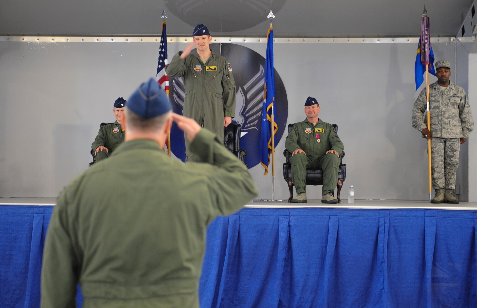 U.S. Air Force Col. Derek Oaks, 23d Fighter Group commander, receives his first salute as the 23d FG commander during a change of command ceremony at Moody Air Force Base, Ga., May 3, 2013. A formation of Airmen from the fighter group saluted the new commander for the first time as a sign of respect and welcome. (U.S. Air Force photo by Airman Alexis Grotz/Released) 