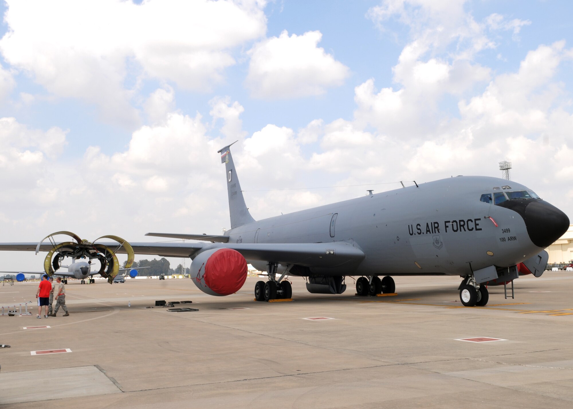 The No. 4 engine space on a KC-135R Stratotanker, deployed from the 100th Air Refueling Wing, sits empty April 21, 2013, in Southwest Europe, after a damaged General Electric CFM-56 engine was detached from the wing. The KC-135’s No. 4 engine was struck by a bird April 9, damaging the fan blades to the point of the engine being unsafe to fly. (U.S. Air Force photo by 1st Lt. Christopher Mesnard/Released)
