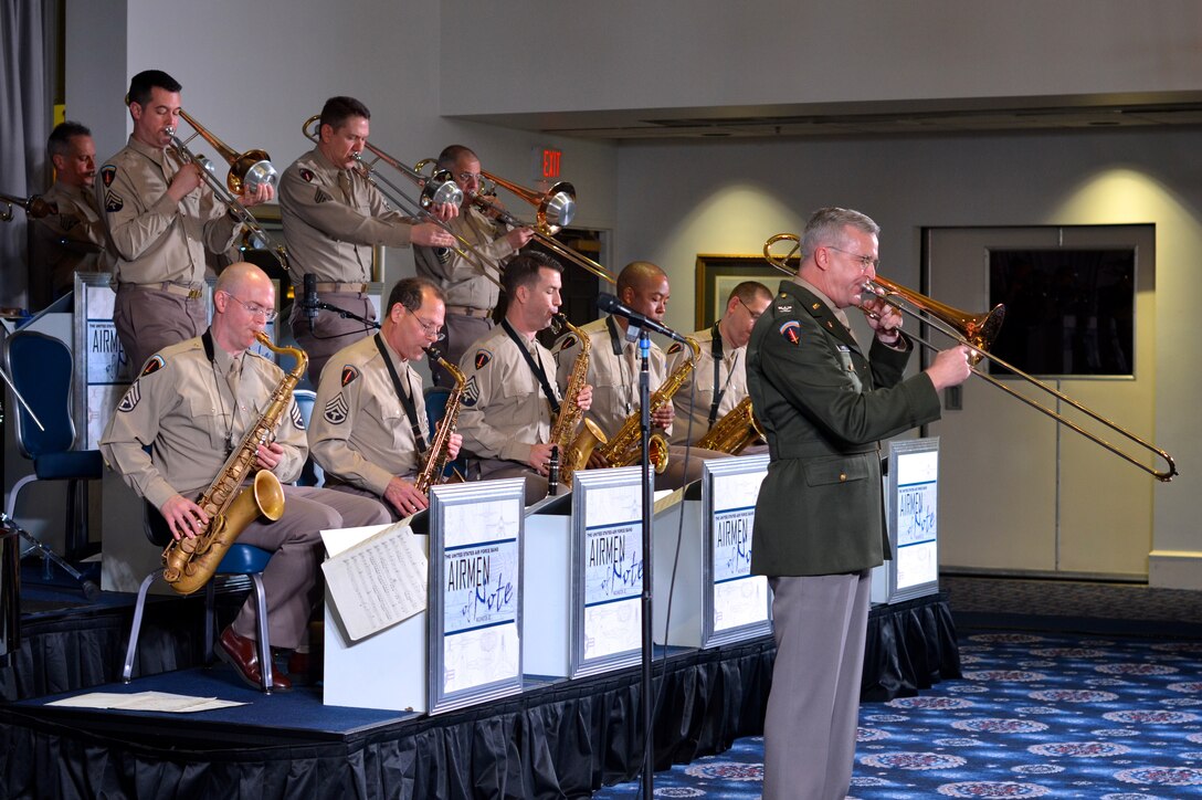 Col. Lang plays the role of Glenn Miller during the Airmen of Note Senior
Statesmen show (A.F. photo)
