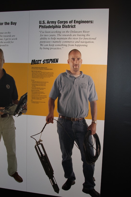 A life size poster of Stephen Farrell, chief of surveys for the Army Corps Philadelphia District, is featured as part of the Disasters on the Delaware exhibit at the Independence Seaport Museum in Philadelphia. The U.S. Army Corps of Engineers is one of several agencies with a role on the river during disasters.  
