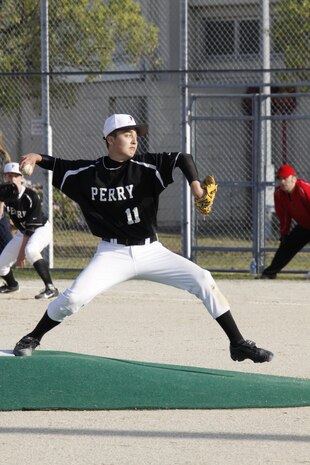 Shawn Eagmin, Matthew C. Perry High School Samurai Baseball player, pitches during their game against the Nile C. Kinnick High School Devils at Marine Corps Air Station Iwakuni, Japan, April 19, 2013. The Samurai managed to win against Marist Brothers International School Bulldogs and split two games between the Devils.