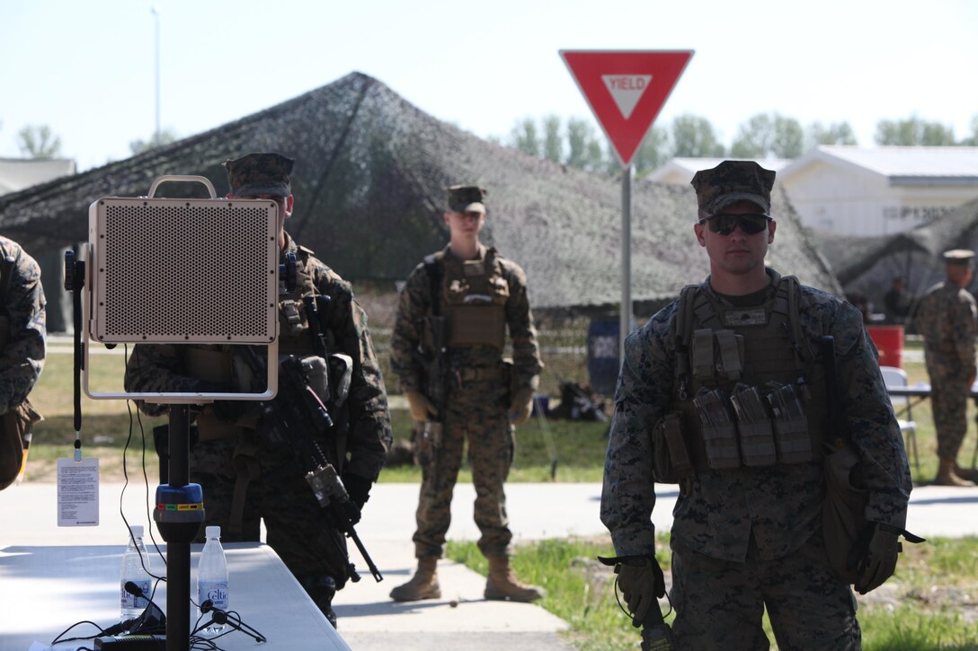 Marines and sailors with Black Sea Rotational Force 13 simulate a crisis contingency scenario aboard Mihail Kogaliceanu Military Base, Romania May 3, 2013.   BSRF-13 serves as a crisis contingency force for the Black Sea region during its six-month deployment.