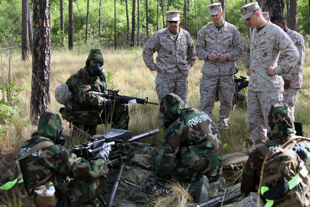 Lt. Col. Craig C. Clemans, commanding officer of 2nd Maintenance Battalion, 2nd Marine Logistics Group, and Sgt. Maj. Scott M. Schmitt, the battalion sergeant major, observe Marines with Electronics Maintenance Company, 2nd Maint. Bn. perform a functions check of the Mark 19 grenade launcher during the super squad challenge aboard Camp Lejeune, N.C., May 3, 2013. Electronics Maint. Co. won the super squad challenge, rewarding them with a three-day weekend and a meritorious mast for each member of the squad. 