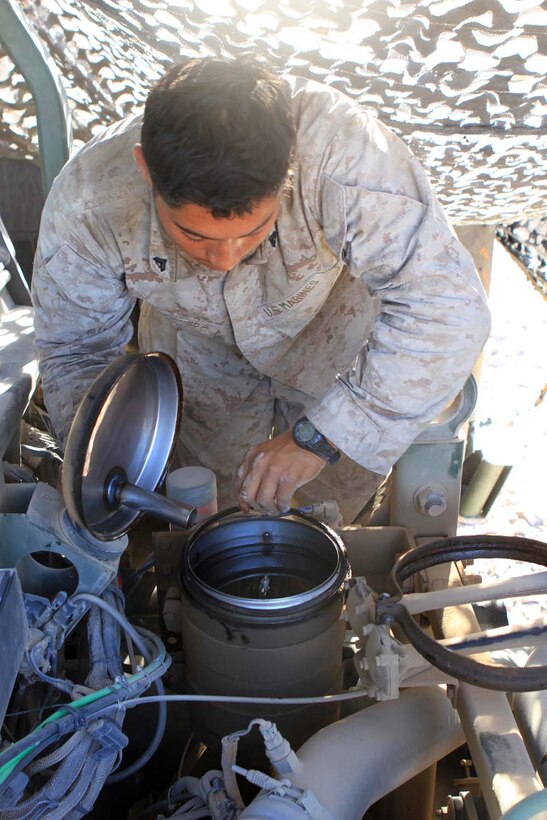 Corporal Diego Castaneda, a motor transportation maintenance chief serving with Golf Battery, 2nd Battalion, 11th Marine Regiment, inspects the power steering fluid of a 7-ton truck during Exercise Desert Scimitar, a combined-arms, live-fire training exercise here, May 3, 2013. Castaneda, a native of Gibbon, Neb., is the only mechanic in the battery and is in charge of keeping more than 40 vehicles properly maintained and running. Captain William Turner, the commanding officer of Golf Battery, said thanks to Castaneda's devotion and hard work, the battery is one of the few in 11th Marines that can commute to and from the Combat Center without vehicles breaking down.