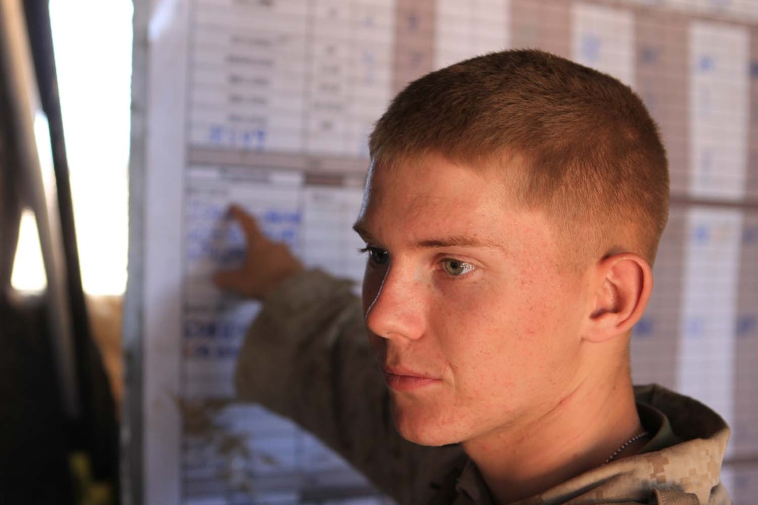 Lance Cpl. Joshua Ratzlaff, a chart operator serving with 2nd Battalion, 11th Marine Regiment, and a native of Spokane, Wash., helps members of the fire direction center convert target data into firing commands for the gunline during Exercise Desert Scimitar, a combined-arms, live-fire training exercise here, May 2, 2013. The FDC's job is to take the information given to them by forward observers and compute how wind, air pressure, temperature, humidity and other weather conditions will effect an artillery round while airborne.