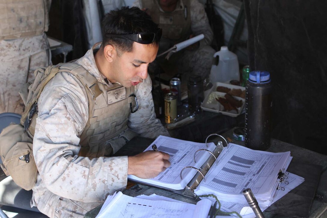 Sergeant Christopher Martinez, the operations chief serving with the fire direction center with 2nd Battalion, 11th Marine Regiment, and a native of Orange County, Calif., helps members of the FDC convert target data into firing commands for the gunline during Exercise Desert Scimitar, a combined-arms, live-fire training exercise here, May 2, 2013. The FDC's job is to take the information given to them by forward observers and compute how wind, air pressure, temperature, humidity and other weather conditions will effect an artillery round while airborne.