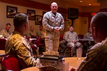 Sergeant Major of the Marine Corps Micheal P. Barrett discusses current issues with Marines from Recruiting Station Twin Cities and Marines Wing Support Squadron 471 March 28. For additional imagery from the event visit www.facebook.com/rstwincities. 