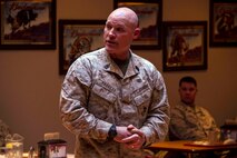 Sergeant Major of the Marine Corps Micheal P. Barrett discusses current issues with Marines from Recruiting Station Twin Cities and Marines Wing Support Squadron 471 March 28. For additional imagery from the event visit www.facebook.com/rstwincities.   