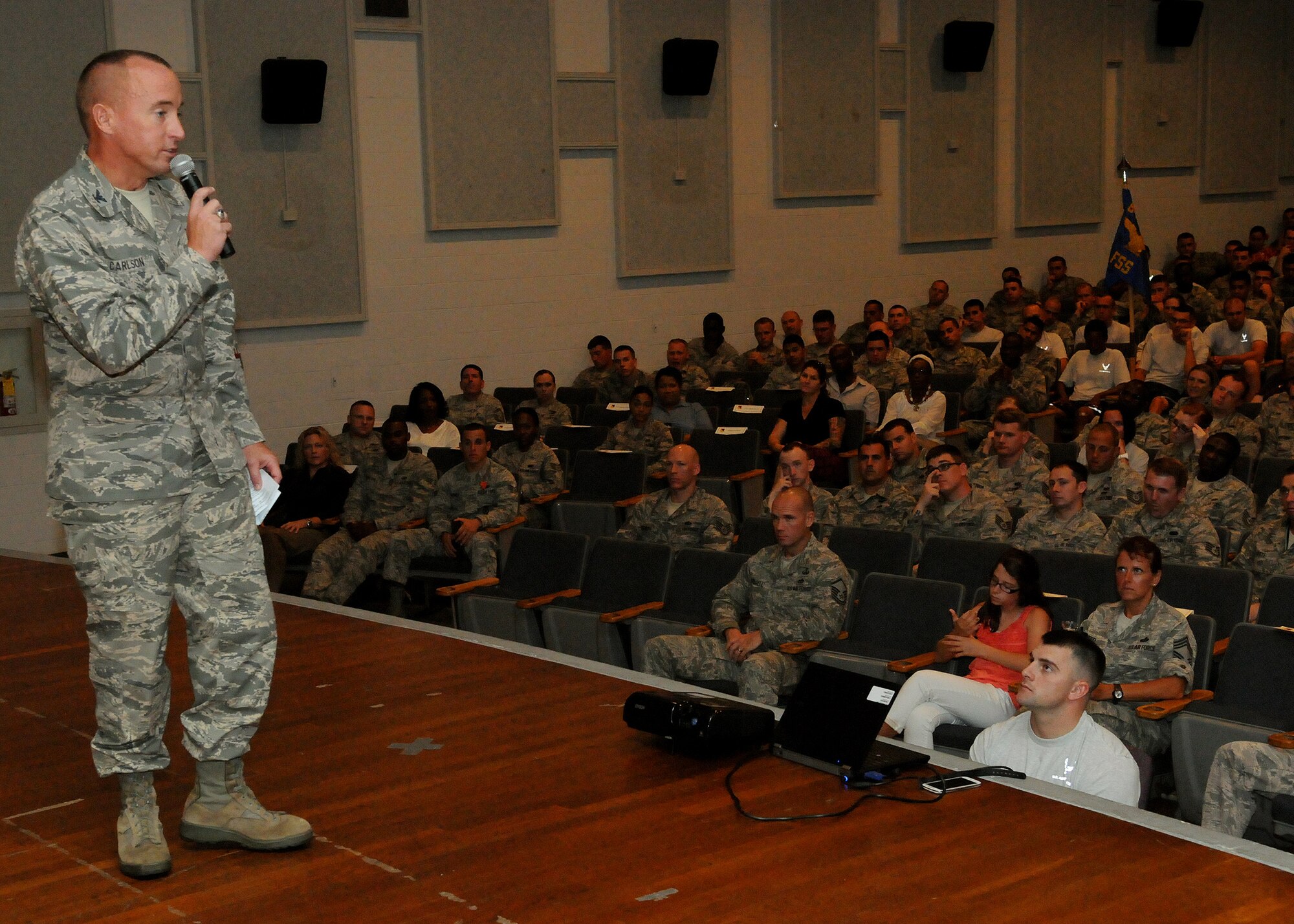 Col. Dann S. Carlson, 647th Air Base Group commander, says farewell to members of the 647th ABG at Joint Base Pearl Harbor-Hickam, Hawaii, May 3, 2013.  Carlson thanked the men and women of the 647th ABG for all their hard work and dedication.  (Photo by David D. Underwood, Jr.)