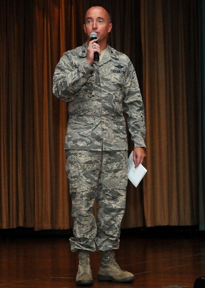 Col. Dann S. Carlson, 647th Air Base Group commander, says farewell to members of the 647th ABG at Memorial Theater at Joint Base Pearl Harbor-Hickam, Hawaii, May 3, 2013. Carlson expressed his gratitude for having had the opportunity to lead the men and women of the 647th ABG.  (Photo by David D. Underwood, Jr.)