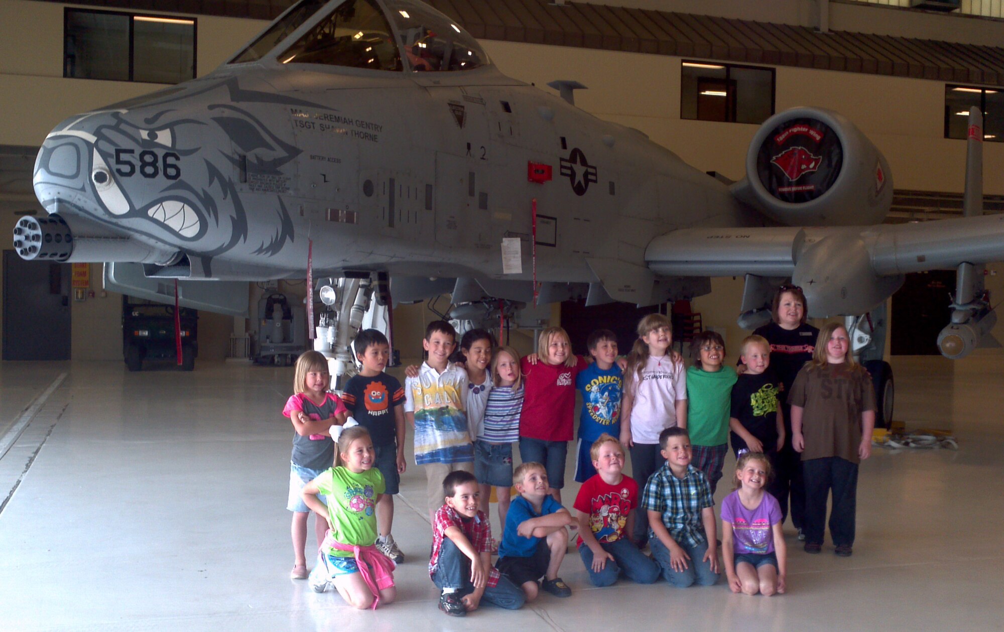 A group of first grade students from Mansfield Elementary School in Mansfield, Ark., toured the 188th Fighter Wing May 7, 2013. The group visited the hangar and got the chance to inspect one of the 188th’s A-10C Thunderbolt II “Warthogs.” The group also received a tour of the 188th Fire Emergency Services Flight. (U.S. Air National Guard photo by Maj. Heath Allen/188th Fighter Wing)