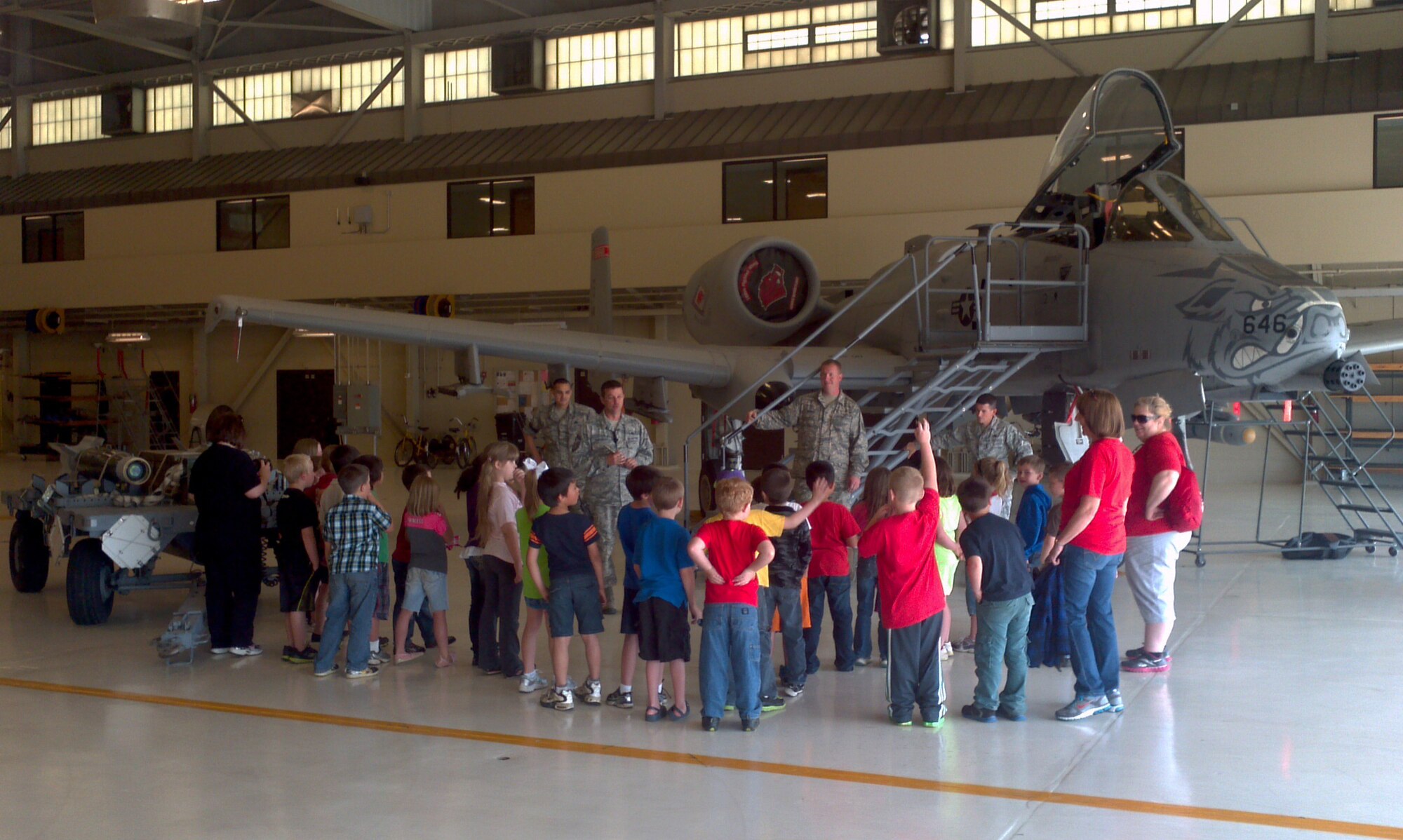 A group of first grade students from Mansfield Elementary School in Mansfield, Ark., toured the 188th Fighter Wing May 7, 2013. The group visited the hangar and got the chance to inspect one of the 188th’s A-10C Thunderbolt II “Warthogs.” The group also received a tour of the 188th Fire Emergency Services Flight. (U.S. Air National Guard photo by Maj. Heath Allen/188th Fighter Wing)