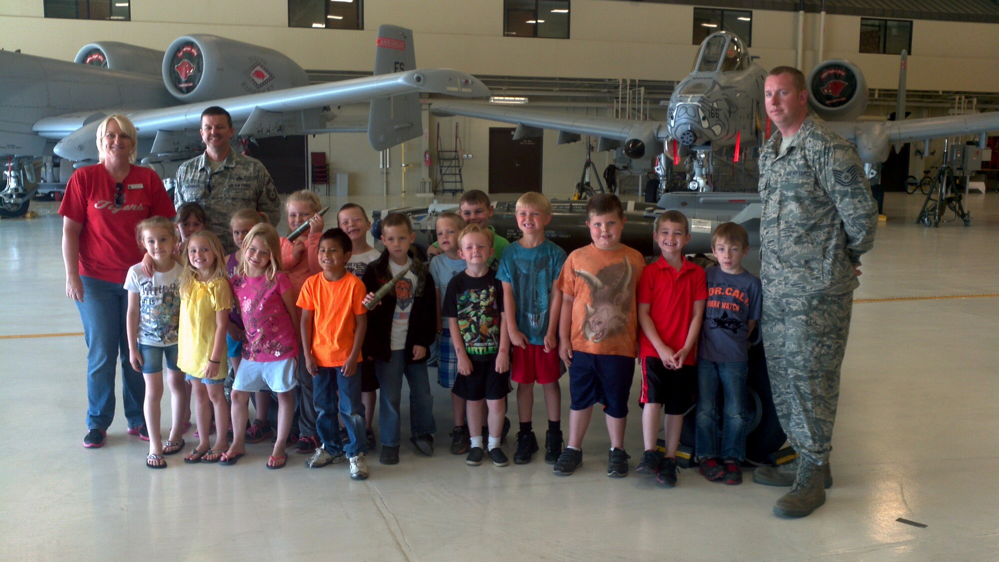 A group of first grade students from Mansfield Elementary School in Mansfield, Ark., toured the 188th Fighter Wing May 7, 2013. The group visited the hangar and got the chance to inspect one of the 188th’s A-10C Thunderbolt II “Warthogs.” The group also received a tour of the 188th Fire Emergency Services Flight. (U.S. Air National Guard photo by Maj. Heath Allen/188th Fighter Wing)
