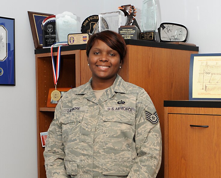 Tech. Sgt. LaDonna Lattimore, 28th Maintenance Operations Squadron scheduling element NCO in charge, is one of 32 victim advocates on Ellsworth Air Force Base, S.D., May 2, 2013. Lattimore has been a victim advocate since 2011, and remains ready to offer encouragement and support to individuals who have experienced sexual assault. (U.S. Air Force photo by Airman 1st Class Ashley J. Thum/Released)