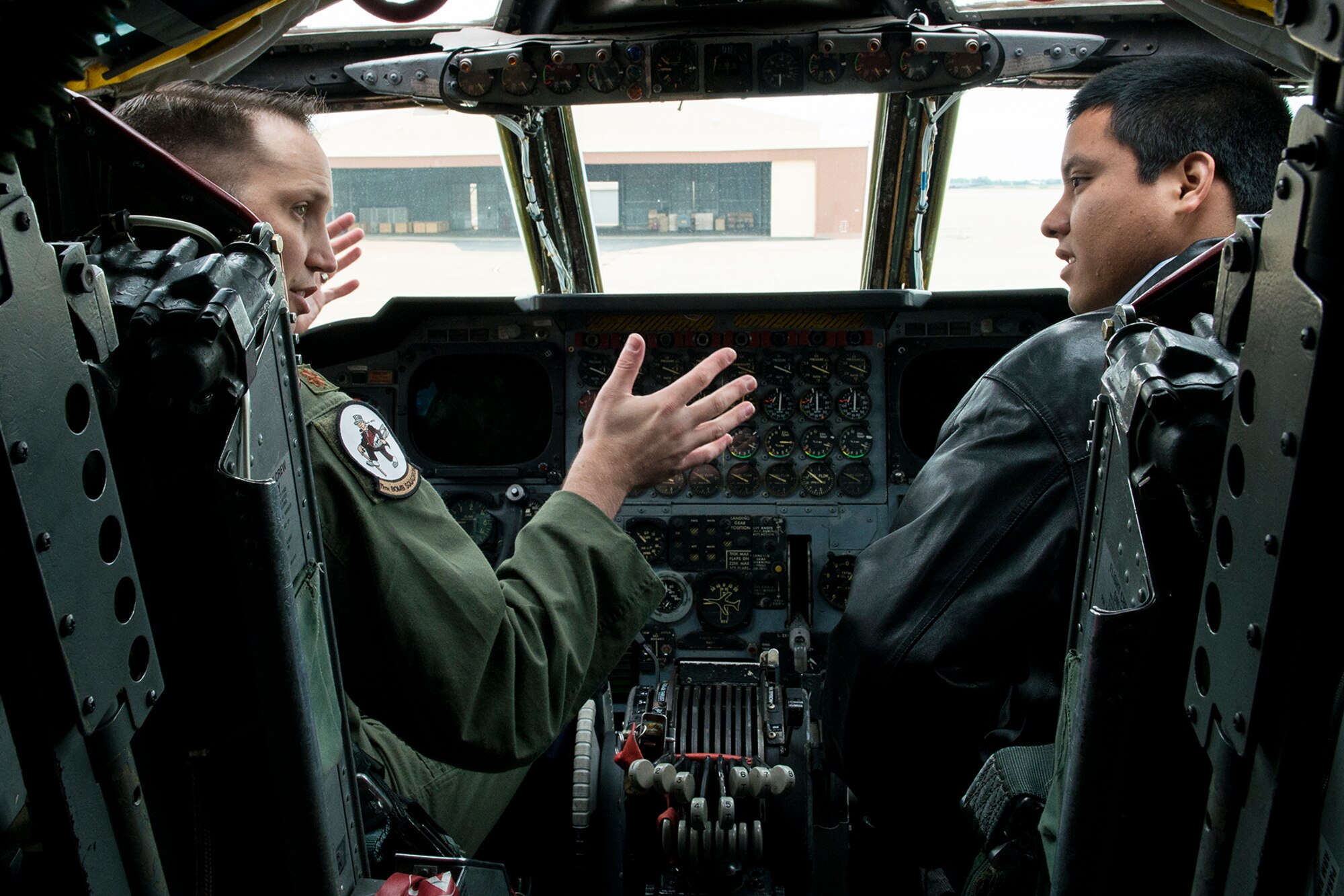 U.S. Air Force Maj. David Pabst gives Erik Lopez a tour of the cockpit of a B-52H Stratofortress, May 3, 2013, Barksdale Air Force Base, La. Lopez is a college sophomore studying Aerospace Engineering and is was accepted for an internship at NASA's Johnson Space Center in Houston, Texas. (U.S. Air Force photo by Master Sgt. Greg Steele/Released)