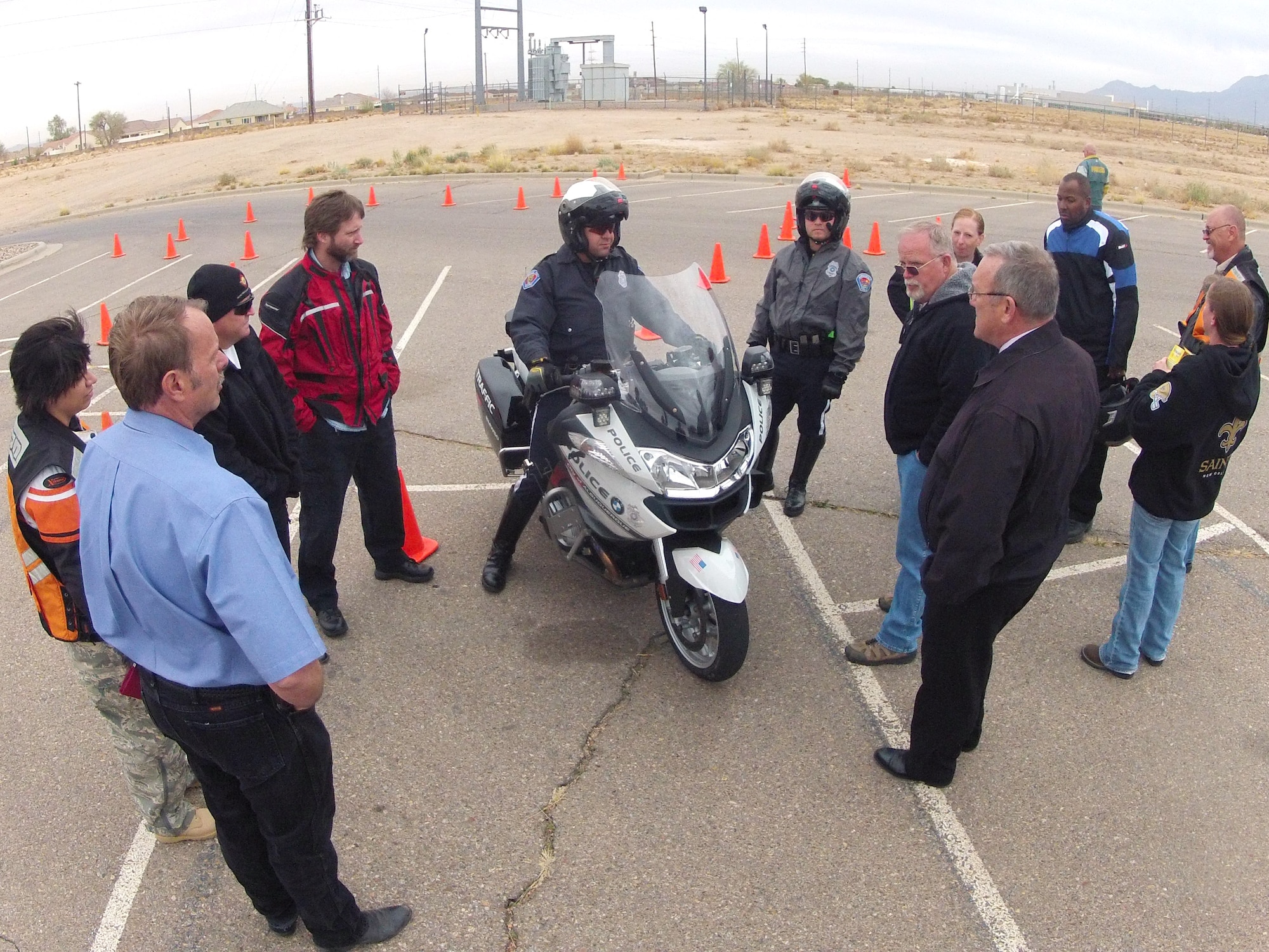 U.S. Officer David Weidner, Albuquerque Police Department, gives an overview of the training motor patrolmen receive during the Air Force Safety Center annual preseason motorcycle safety briefing held April 25 at the safety center. (Air Force photo by Keith A. Wright)