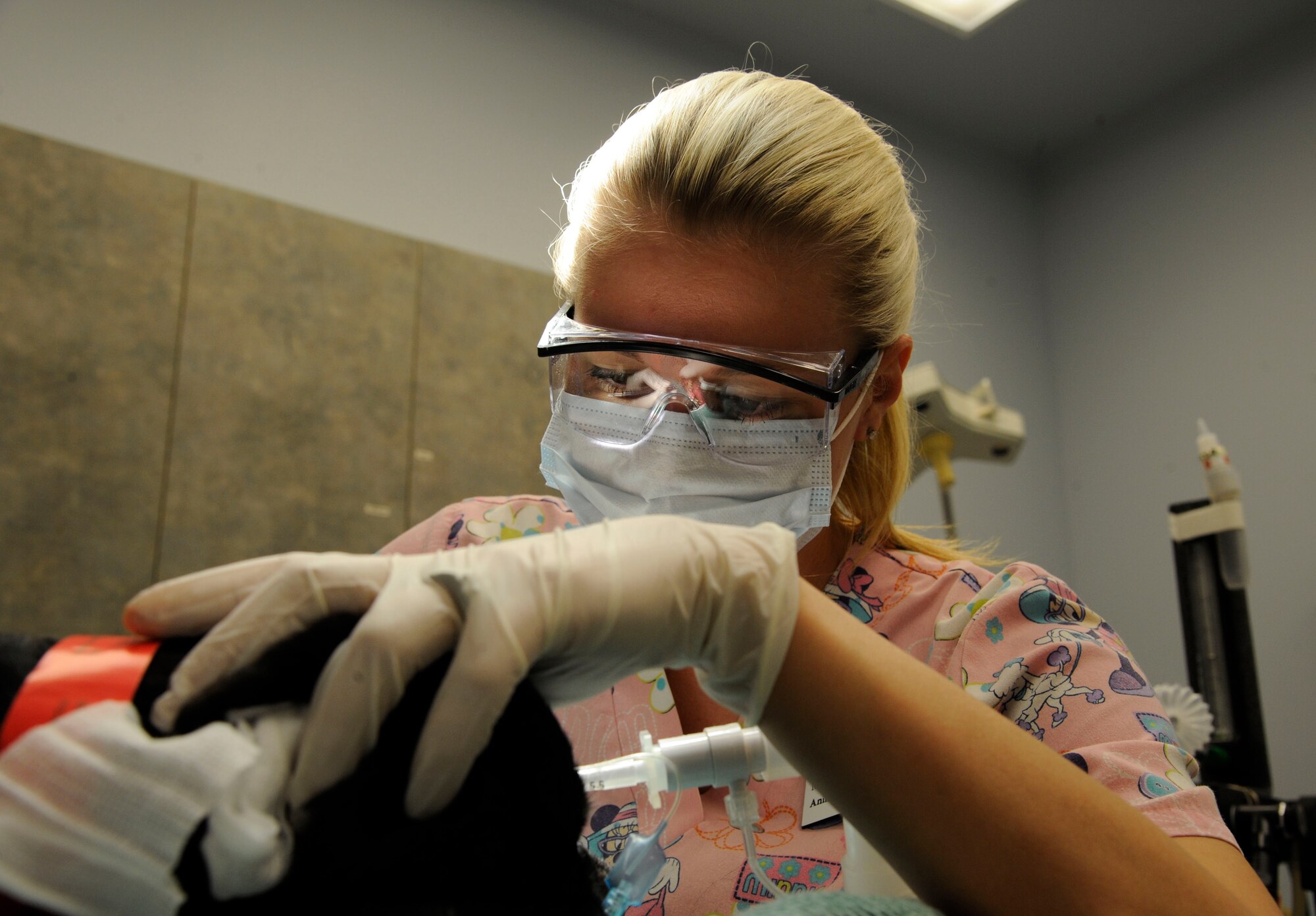 Megan Weddle, registered veterinary technician, cleans a dog's teeth on Barksdale Air Force Base, La., May 2, 2013. The base vet clinic provides services to Military Working Dogs and Team Barksdale's pets, ranging from check-ups, dental work and surgery. (U.S. Air Force photo/Airman 1st Class Andrew Moua)
