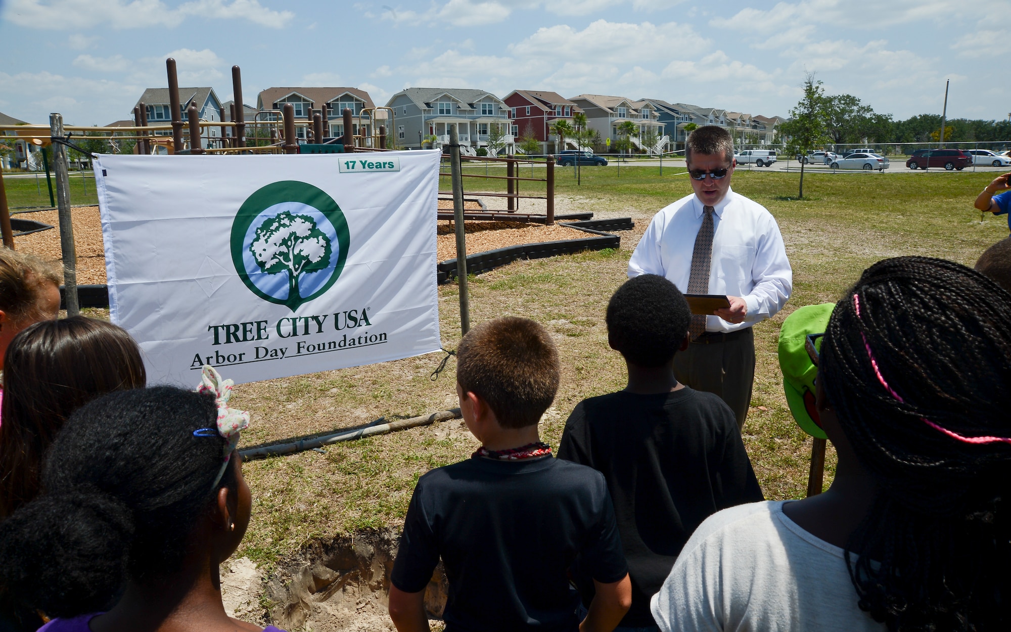 Robert Hughes, 6th Civil Engineer Squadron director, reads the Arbor Day proclamation declaring April 26 Arbor Day at MacDill Air Force Base, Fla. on April 26, 2013. Founded in 1972, the Arbor Day Foundation has grown to become the largest nonprofit membership organization dedicated to planting trees, with over one million members, supporters, and valued partners. (U.S. Air Force photo by Senior Airman Shandresha Mitchell/ Released)