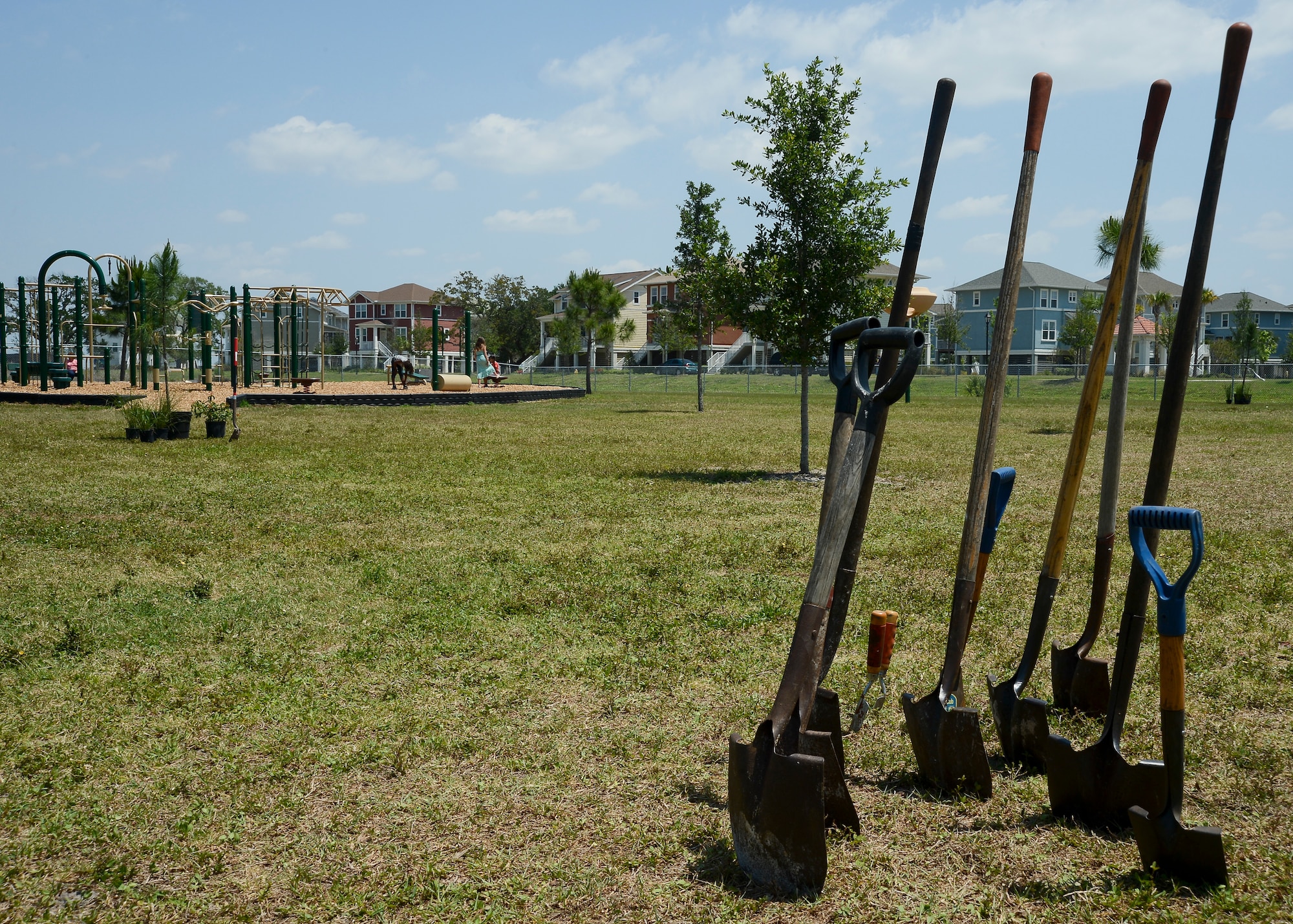 Shovels stand awaiting Tinker Elementary School 5th graders before the Arbor Day ceremony at MacDill Air Force Base, Fla. on April 26, 2013. The students planted trees around the school playground to celebrate Arbor Day at MacDill. (U.S. Air Force photo by Senior Airman Shandresha Mitchell/ Released)