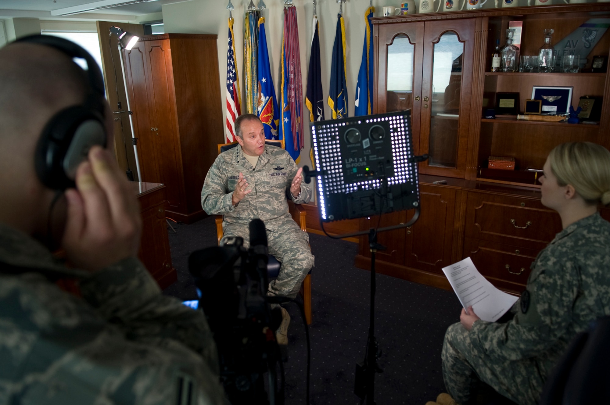 U.S. Army Sgt. Abigail Waldrop and Airman 1st Class Aaron Richardson, American Forces Network broadcasters, interview Gen. Philip M. Breedlove, U.S. Air Forces in Europe and Air Forces Africa, April 25, 2013, as he prepares to take command of U.S. European Command and NATO’s Supreme Headquarters Allied Powers Europe. Breedlove is scheduled to take command of EUCOM in a ceremony May 10 at Patch Barracks, Stuttgart, Germany.  A separate ceremony will be held for the NATO post. (U.S. Air Force photo by Master Sgt. Wayne Clark)