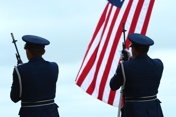 The Shaw honor guard performs a 21-gun salute at a memorial ceremony at Shaw Air Force Base, S.C., April 30, 2013.  The memorial ceremony commemorated the life and accomplishments of Capt. James Steel, 77th Fighter Squadron pilot, who died in an F-16 Fighting Falcon aircraft accident, while deployed to Afghanistan.  (U.S. Air Force photo by Airman 1st Class Nicole Sikorski/Released)